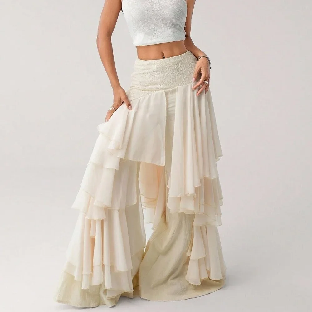 Beige Asymmetrical Party Women's Chiffon Ruffle Patchwork Loose Hem Pants